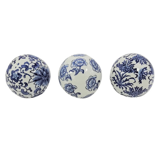 Blue & White Floral Ceramic Balls (Set of 3)