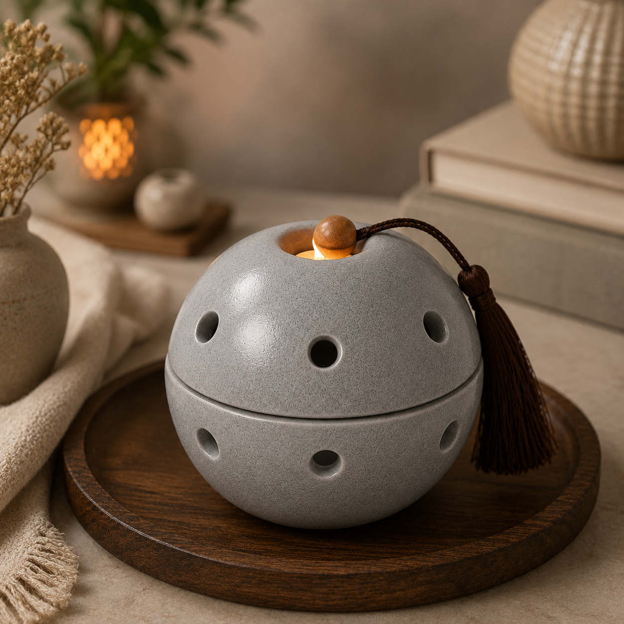 Ceramic Round Incense Burner with Lid and Tassel
