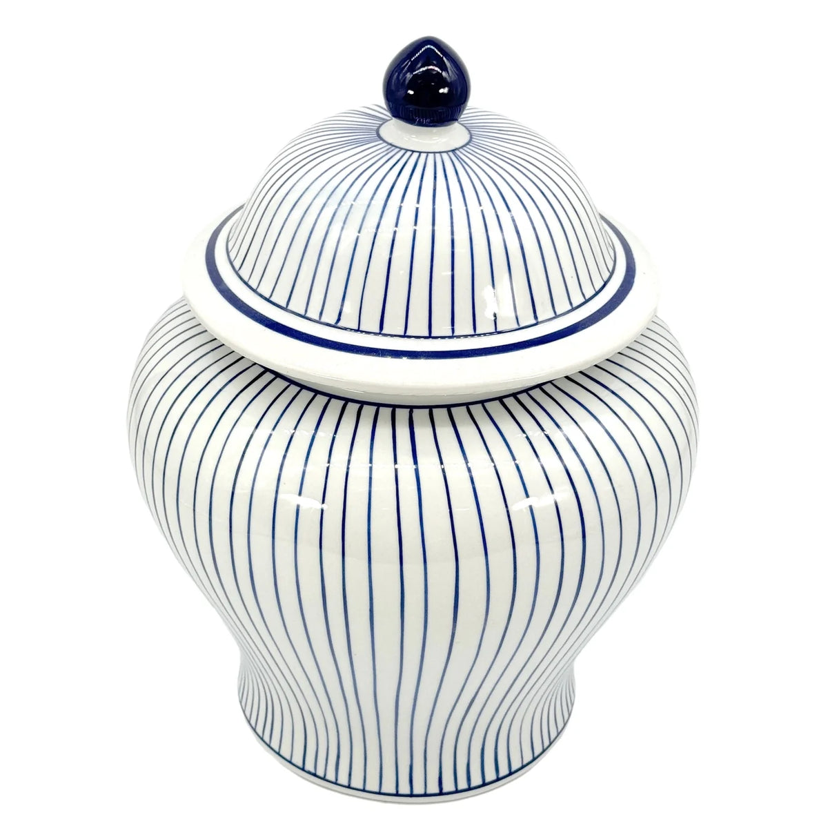 Blue & White Striped Wide Ceramic Jar