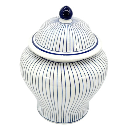 Blue & White Striped Wide Ceramic Jar
