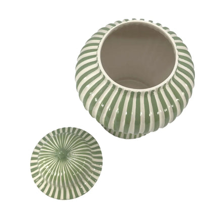 Green & White Striped Ceramic Jar