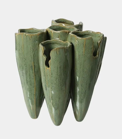 Jovienne Reactive-Glaze Porcelain Vase – Green Multi-Spout Sculptural Vessel, 2 Sizes