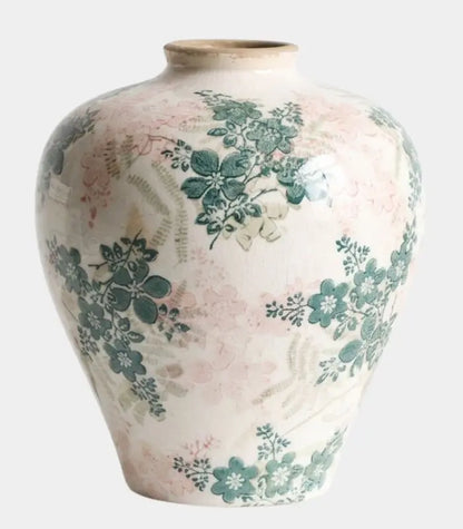 Solène Handcrafted Crackle-Glaze Porcelain Vase – Vintage Floral Ginger Jar, Pink & Green 23 cm (9.1 in)
