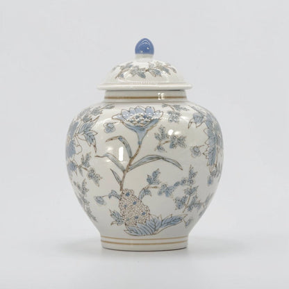 White & Blue Ceramic Chinoiserie Floral Jar - 10"