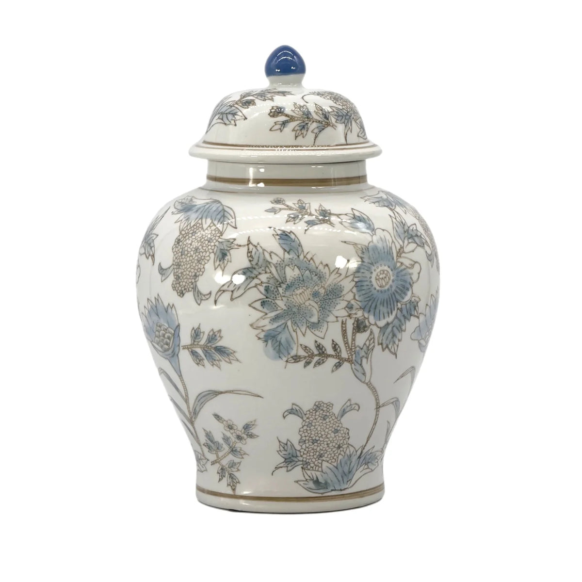 White & Blue Floral Chinoiserie Ceramic Jar - 12"