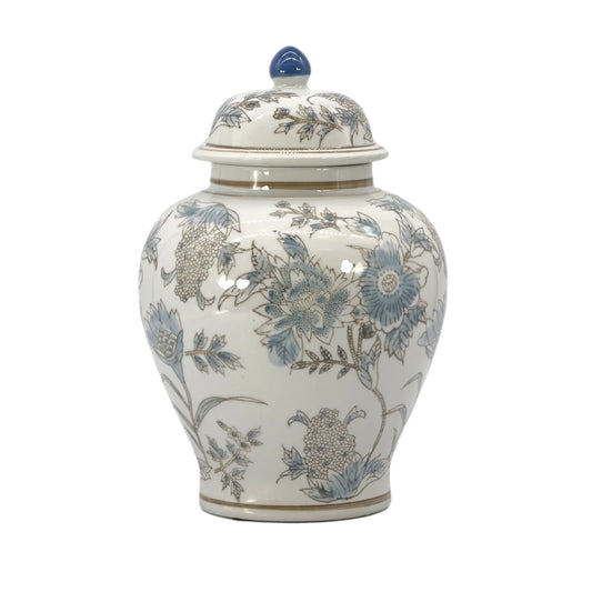 White & Blue Floral Chinoiserie Ceramic Jar - 12"