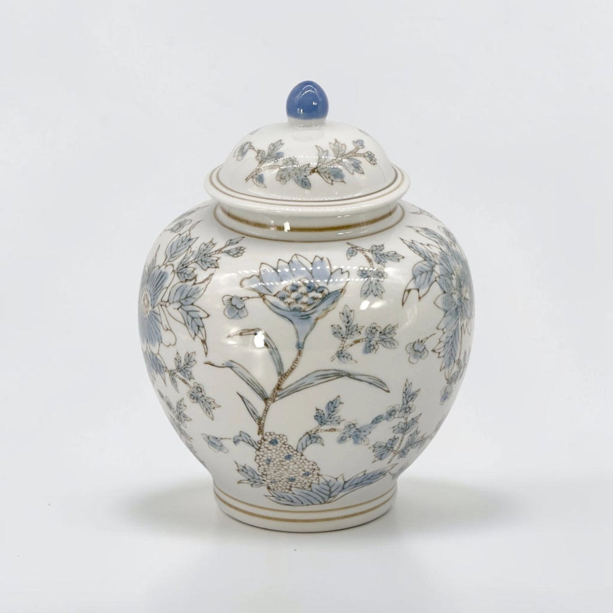 White & Blue Ceramic Chinoiserie Floral Jar - 10"