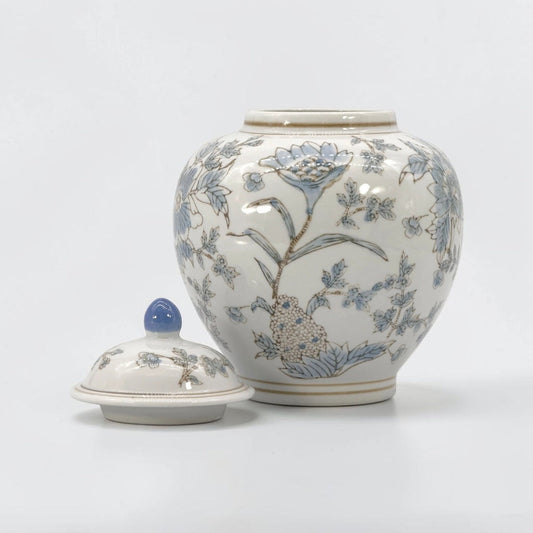 White & Blue Ceramic Chinoiserie Floral Jar - 10"