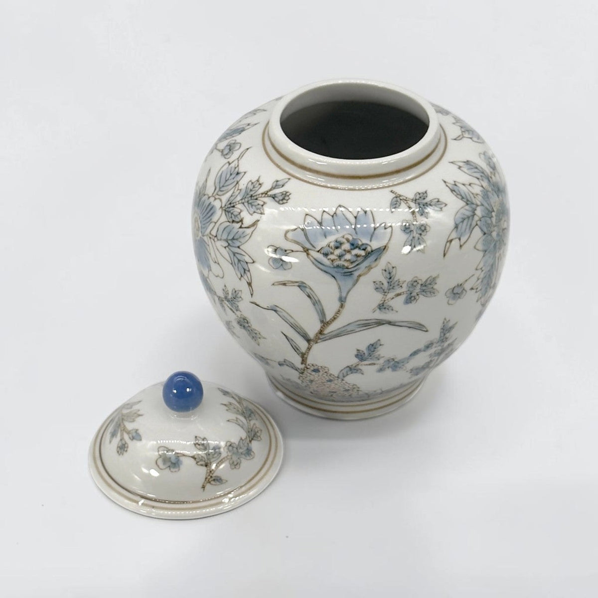 White & Blue Ceramic Chinoiserie Floral Jar - 10"