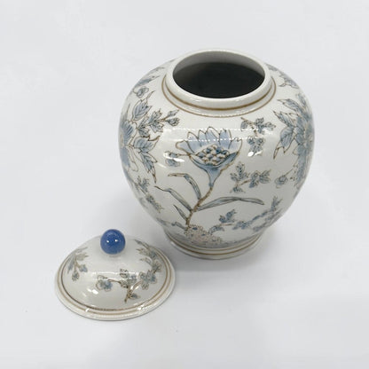 White & Blue Ceramic Chinoiserie Floral Jar - 10"