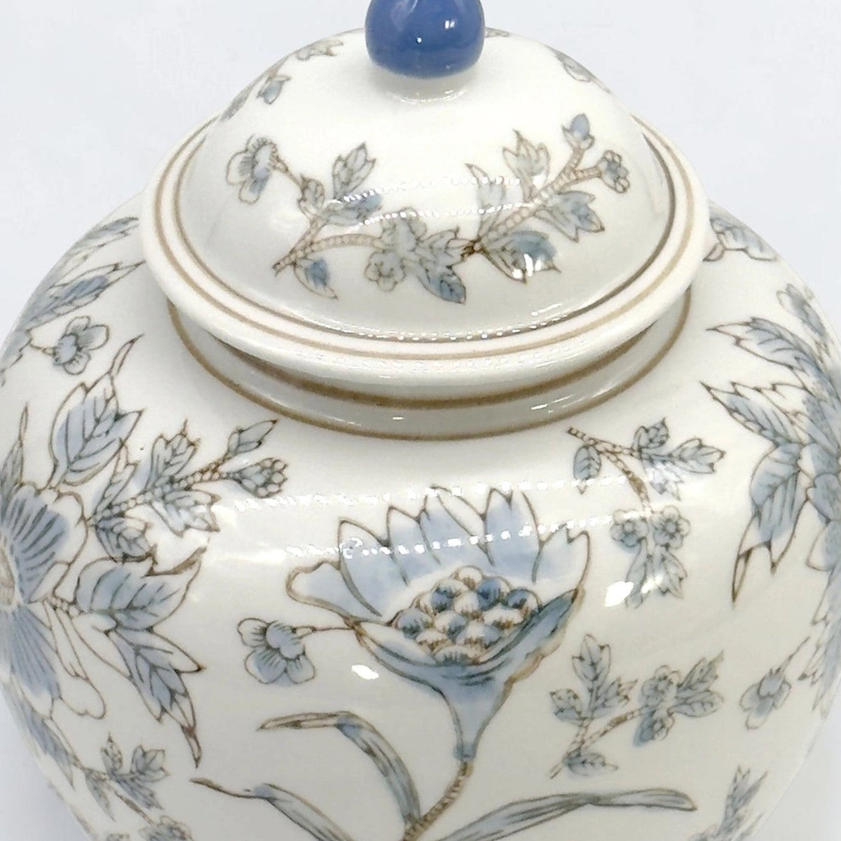 White & Blue Ceramic Chinoiserie Floral Jar - 10"