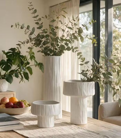 Sylvan Petite Ceramic Vase – White Textured Mini Pedestal Vessel
