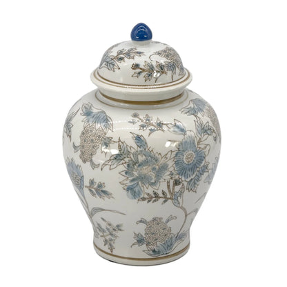 White & Blue Floral Chinoiserie Ceramic Jar - 12"
