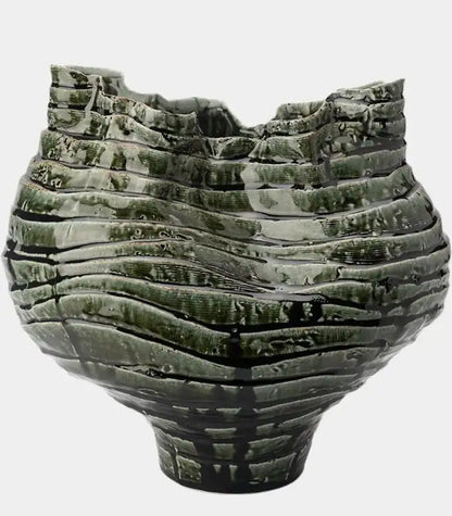 Nairi Large Handmade Ceramic Vase – Mottled Green Ridged Sculptural Vessel, Table or Floor
