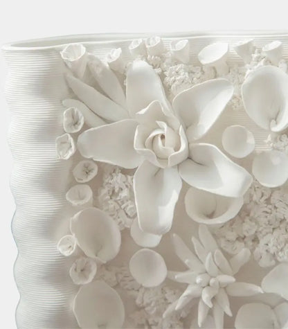 Floral Relief Ceramic Vase – Handcrafted Botanical Sculpture White
