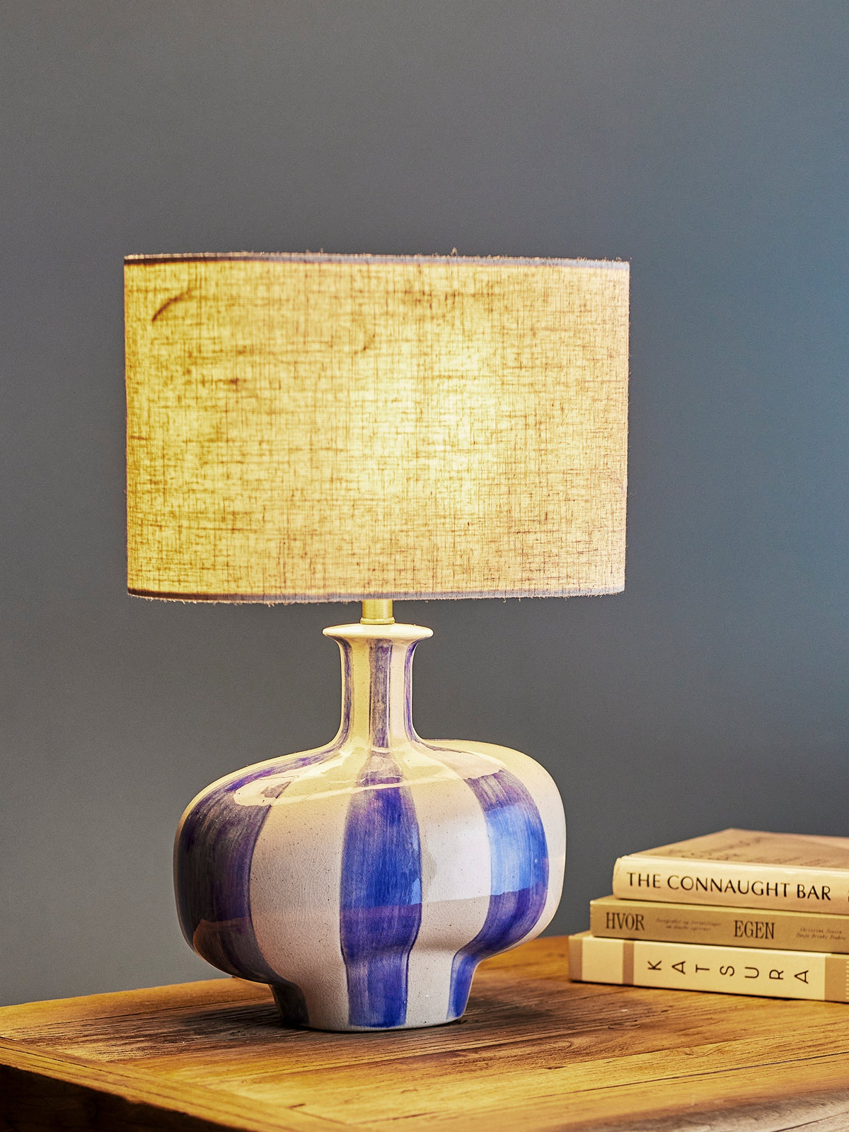 Alida hand-painted stoneware table lamp, blue stripe