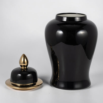 24" Ceramic Temple Jar - Black & Gold