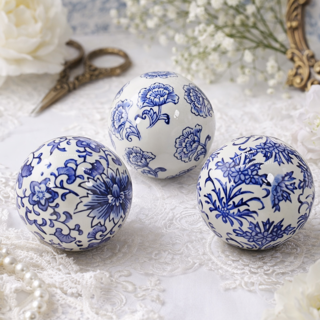 Blue & White Floral Ceramic Balls (Set of 3)