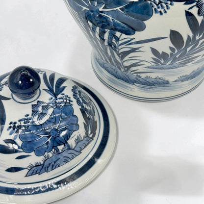 Blue & White Bamboo Floral Wide Ceramic Ginger Jar