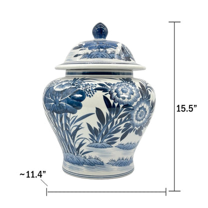 Blue & White Bamboo Floral Wide Ceramic Ginger Jar