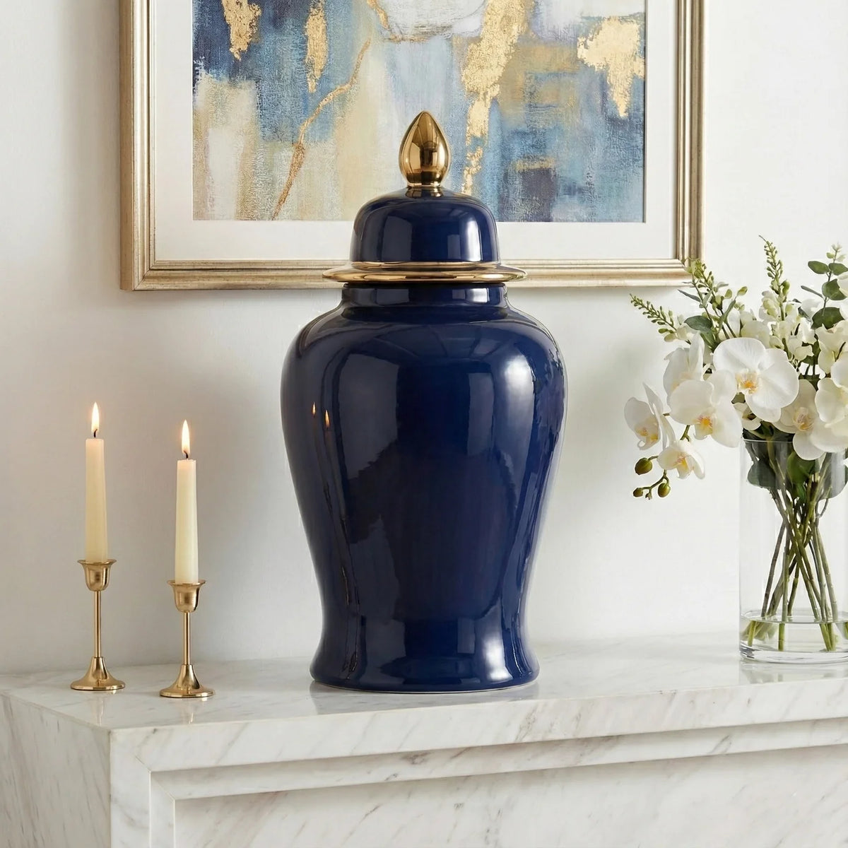 24" Ceramic Temple Jar - Navy & Gold