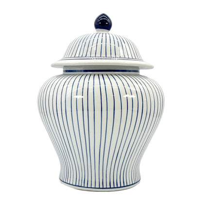 Blue & White Striped Wide Ceramic Jar