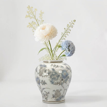 White & Blue Floral Chinoiserie Ceramic Vase