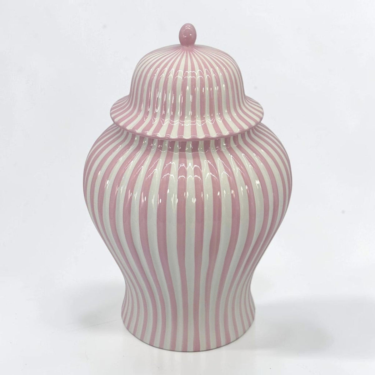 Pink & White Striped Ceramic Jar