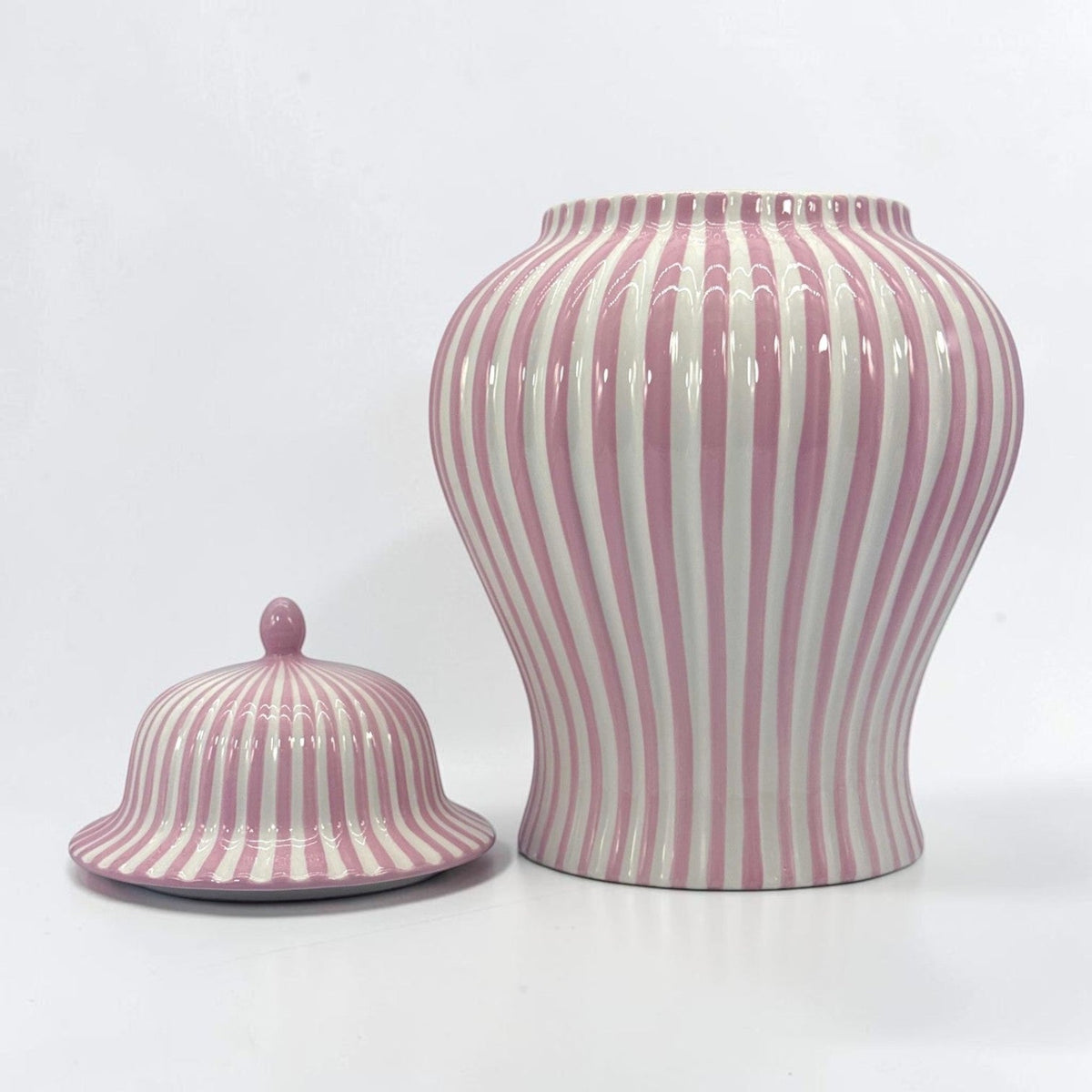 Pink & White Striped Ceramic Jar